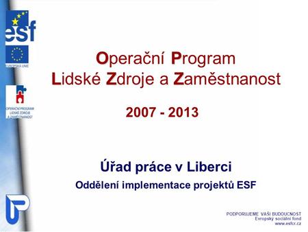 OP LZZ Operační Program Lidské Zdroje a Zaměstnanost 2007 - 2013 PODPORUJEME VAŠI BUDOUCNOST Evropský sociální fond  Úřad práce v Liberci Oddělení.
