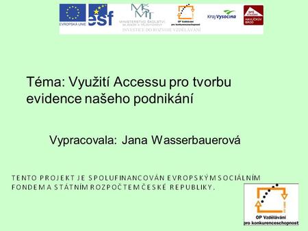Téma: Využití Accessu pro tvorbu evidence našeho podnikání Vypracovala: Jana Wasserbauerová.