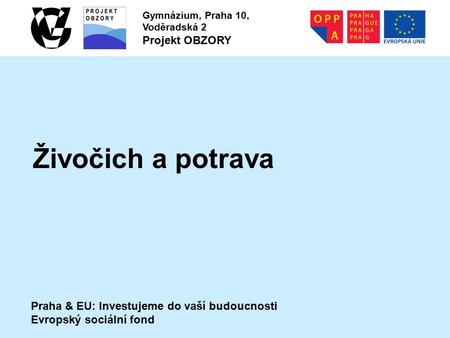 Praha & EU: Investujeme do vaší budoucnosti Evropský sociální fond Gymnázium, Praha 10, Voděradská 2 Projekt OBZORY Živočich a potrava.
