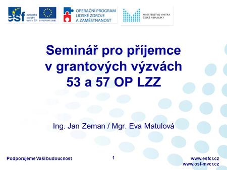 Seminář pro příjemce v grantových výzvách 53 a 57 OP LZZ Ing. Jan Zeman / Mgr. Eva Matulová 1   Podporujeme Vaši budoucnost.