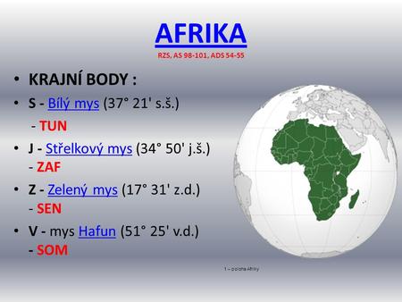 AFRIKA AFRIKA RZS, AS 98-101, ADS 54-55 1 – poloha Afriky KRAJNÍ BODY : S - Bílý mys (37° 21' s.š.)Bílý mys - TUN J - Střelkový mys (34° 50' j.š.) - ZAFStřelkový.