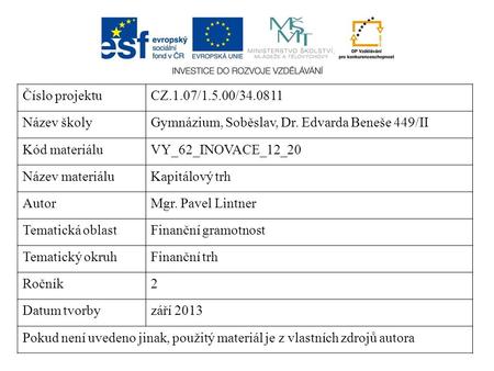 Číslo projektuCZ.1.07/1.5.00/34.0811 Název školyGymnázium, Soběslav, Dr. Edvarda Beneše 449/II Kód materiáluVY_62_INOVACE_12_20 Název materiáluKapitálový.