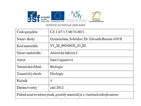 Číslo projektuCZ.1.07/1.5.00/34.0811 Název školyGymnázium, Soběslav, Dr. Edvarda Beneše 449/II Kód materiálu VY_32_INOVACE_21_02 Název materiáluAbiotické.