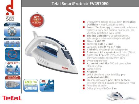 Tefal SmartProtect: FV4970E0 Dvouvrstvá žehlicí deska 360° Ultragliss Durilium – nejkluznější na trhu Smart Technology - dokonalá kombinace teploty a páry.