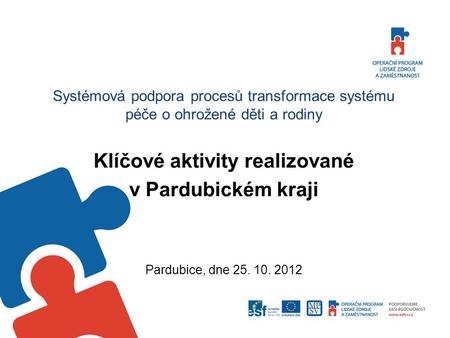 Systémová podpora procesů transformace systému péče o ohrožené děti a rodiny Klíčové aktivity realizované v Pardubickém kraji Pardubice, dne 25. 10. 2012.