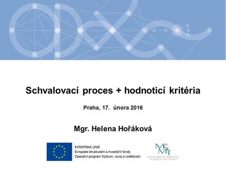 Název kapitoly Název podkapitoly Text Schvalovací proces + hodnoticí kritéria Mgr. Helena Hořáková Praha, 17. února 2016.