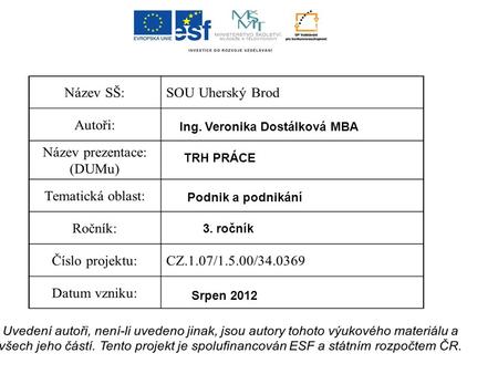 Ing. Veronika Dostálková MBA TRH PRÁCE Podnik a podnikání 3. ročník Srpen 2012.