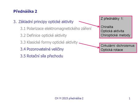 Přednáška 2 3.Základní principy optické aktivity 3.1 Polarizace elektromagnetického záření 3.2 Definice optické aktivity 3.3 Klasické formy optické aktivity.