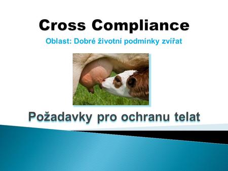 Oblast: Dobré životní podmínky zvířat.  vychází ze směrnice Rady 2008/119/ES, kterou se stanoví minimální požadavky pro ochranu telat Týkají se:  kontrola.