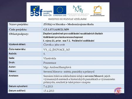 { Název projektu:ZŠ Háj ve Slezsku – Modernizujeme školu Číslo projektu:CZ.1.07/1.4.00/21.3459 Oblast podpory: Zlepšení podmínek pro vzdělávání na základních.