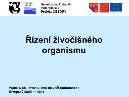 Praha & EU: Investujeme do vaší budoucnosti Evropský sociální fond Gymnázium, Praha 10, Voděradská 2 Projekt OBZORY Řízení živočišného organismu.