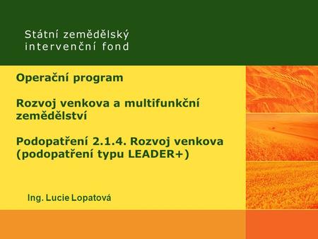 Operační program Rozvoj venkova a multifunkční zemědělství Podopatření Rozvoj venkova (podopatření typu LEADER+) Ing. Lucie Lopatová.