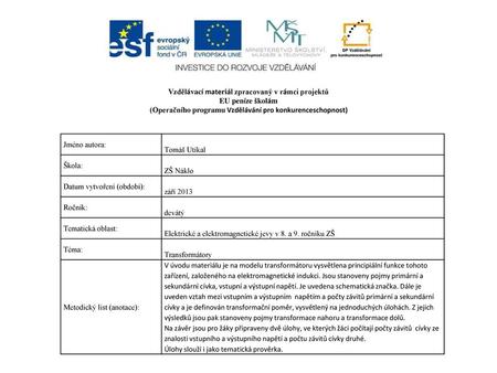 Vzdělávací materiál zpracovaný v rámci projektů EU peníze školám