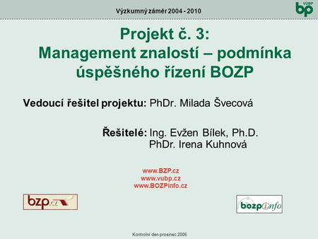 Výzkumný záměr 2004 - 2010 Kontrolní den prosinec 2006 Vedoucí řešitel projektu: PhDr. Milada Švecová www.BZP.cz www.vubp.cz www.BOZPinfo.cz Projekt č.