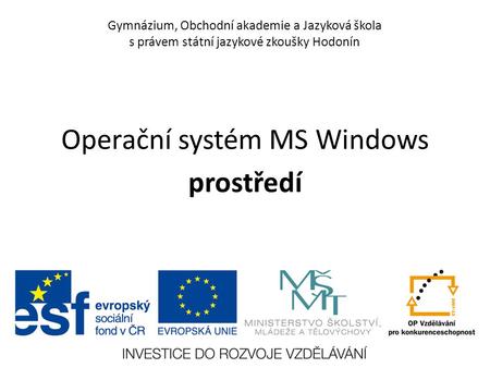 Gymnázium, Obchodní akademie a Jazyková škola s právem státní jazykové zkoušky Hodonín Operační systém MS Windows prostředí.