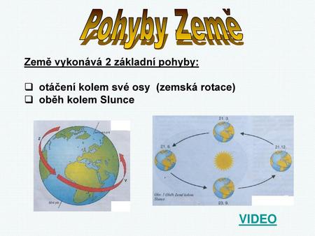 Pohyby Země VIDEO Země vykonává 2 základní pohyby: