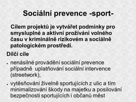 Sociální prevence -sport- Cílem projektů je vytvářet podmínky pro smysluplné a aktivní prožívání volného času v kriminálně rizikovém a sociálně patologickém.