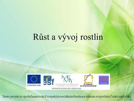 Růst a vývoj rostlin Tento projekt je spolufinancován Evropským sociálním fondem a státním rozpočtem České republiky Růst a vývoj rostlin.