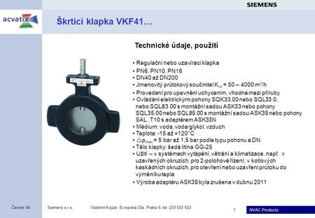 Škrticí klapka VKF41… Technické údaje, použití