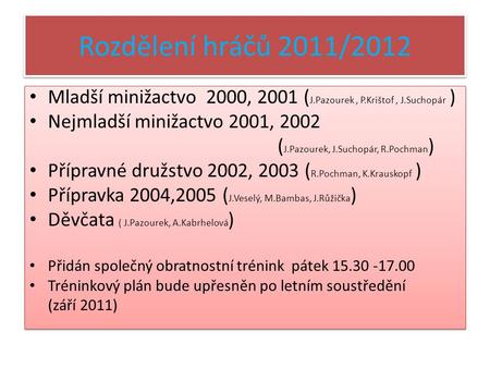 Rozdělení hráčů 2011/2012 Mladší minižactvo 2000, 2001 ( J.Pazourek, P.Krištof, J.Suchopár ) Nejmladší minižactvo 2001, 2002 ( J.Pazourek, J.Suchopár,