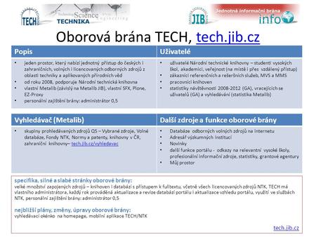 Oborová brána TECH, tech.jib.cztech.jib.cz specifika, silné a slabé stránky oborové brány: velké množství zapojených zdrojů – knihoven i databází s přístupem.