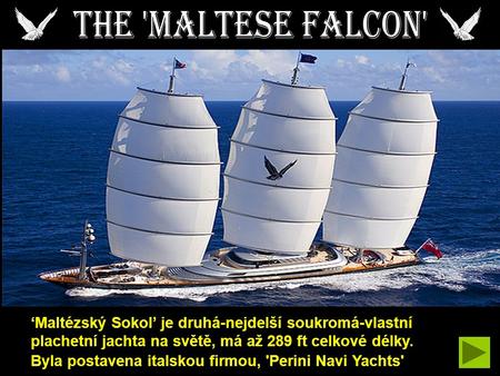 THE 'MALTESE FALCON' ‘Maltézský Sokol’ je druhá-nejdelší soukromá-vlastní plachetní jachta na světě, má až 289 ft celkové délky. Byla postavena italskou.