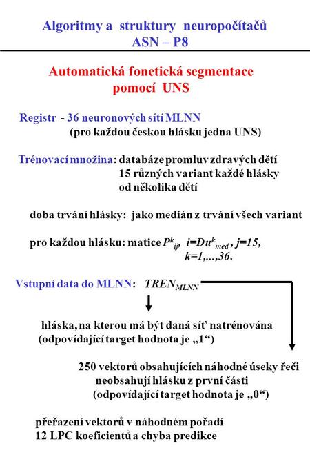 Automatická fonetická segmentace pomocí UNS Registr - 36 neuronových sítí MLNN (pro každou českou hlásku jedna UNS) Trénovací množina: databáze promluv.