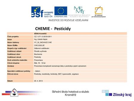 CHEMIE - Pesticidy SŠHS Kroměříž Číslo projektu CZ.1.07/1.5.00/