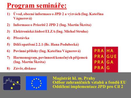 Program semináře: 1)Úvod, obecné informace o JPD 2 a výzvách (Ing. Kateřina Vágnerová) 2)Informace o Prioritě 2 JPD 2 (Ing. Martin Škréta) 3)Elektronická.