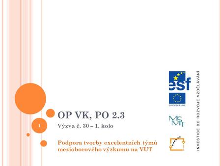OP VK, PO 2.3 Výzva č. 30 – 1. kolo Podpora tvorby excelentních týmů mezioborového výzkumu na VUT 1.