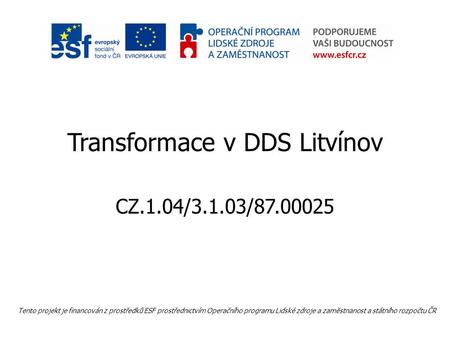 Transformace v DDS Litvínov CZ.1.04/3.1.03/87.00025 Tento projekt je financován z prostředků ESF prostřednictvím Operačního programu Lidské zdroje a zaměstnanost.