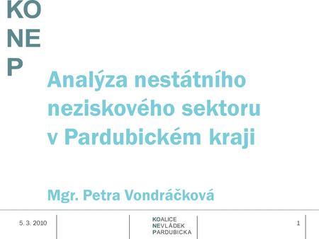 5. 3. 20101 Analýza nestátního neziskového sektoru v Pardubickém kraji Mgr. Petra Vondráčková.