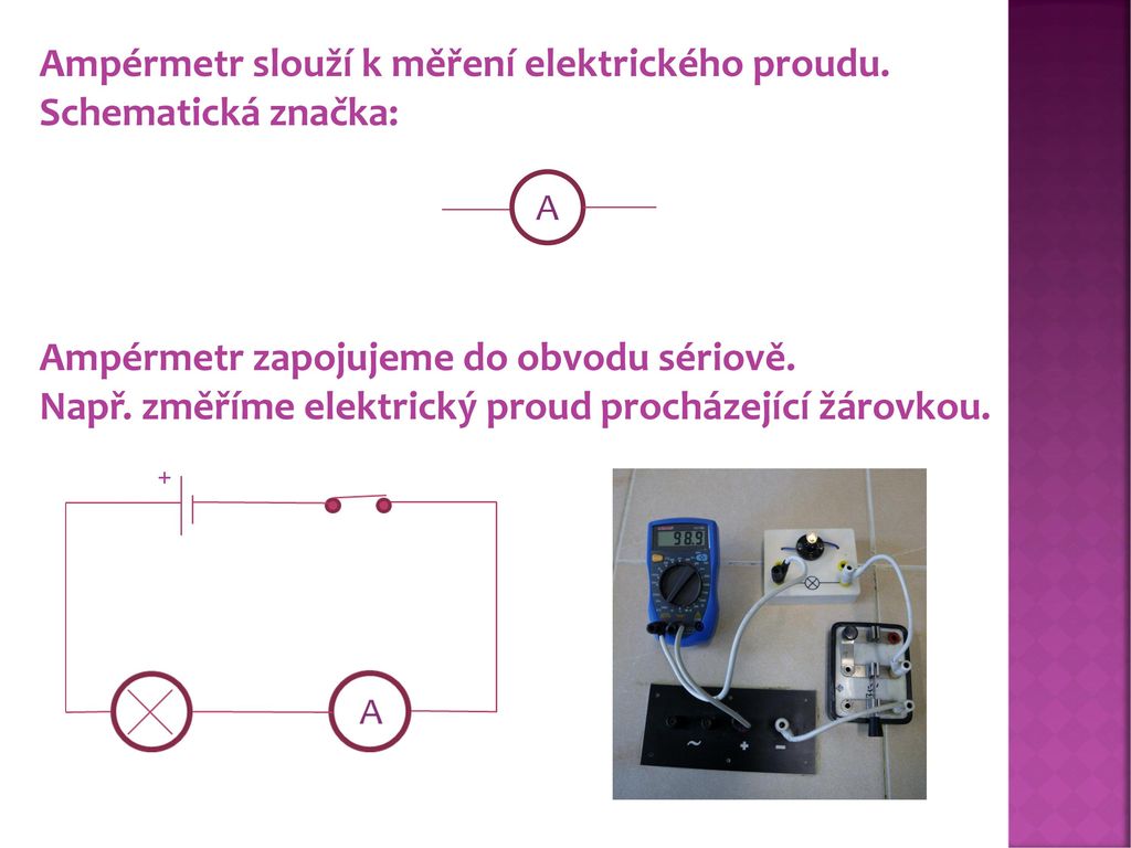 Ampérmetr slouží k měření elektrického proudu. Schematická značka: