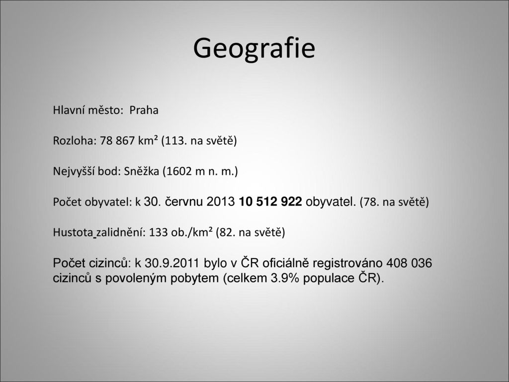 Geografie Hlavní město: Praha Rozloha: km² (113. na světě)