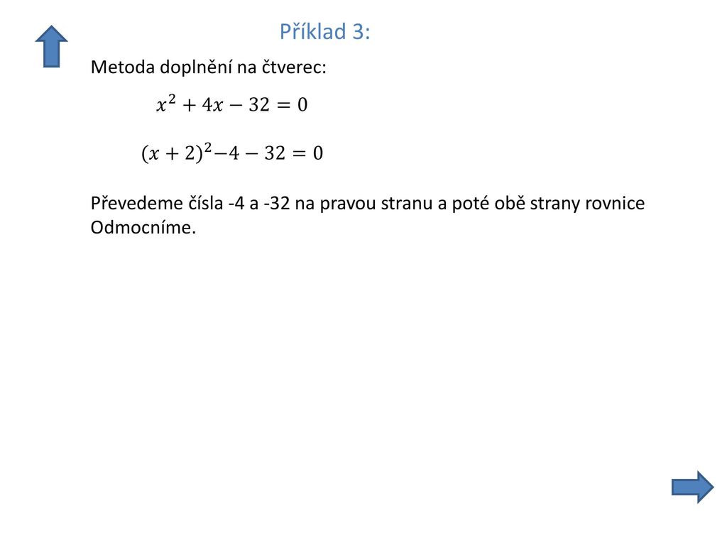 Příklad 3: Metoda doplnění na čtverec: 𝑥 2 +4𝑥−32=0 (𝑥+2) 2 −4−32=0