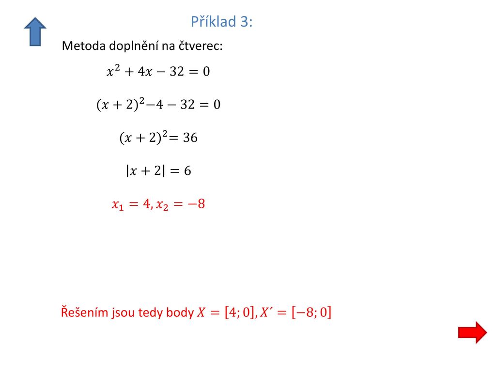 Příklad 3: Metoda doplnění na čtverec: 𝑥 2 +4𝑥−32=0 (𝑥+2) 2 −4−32=0