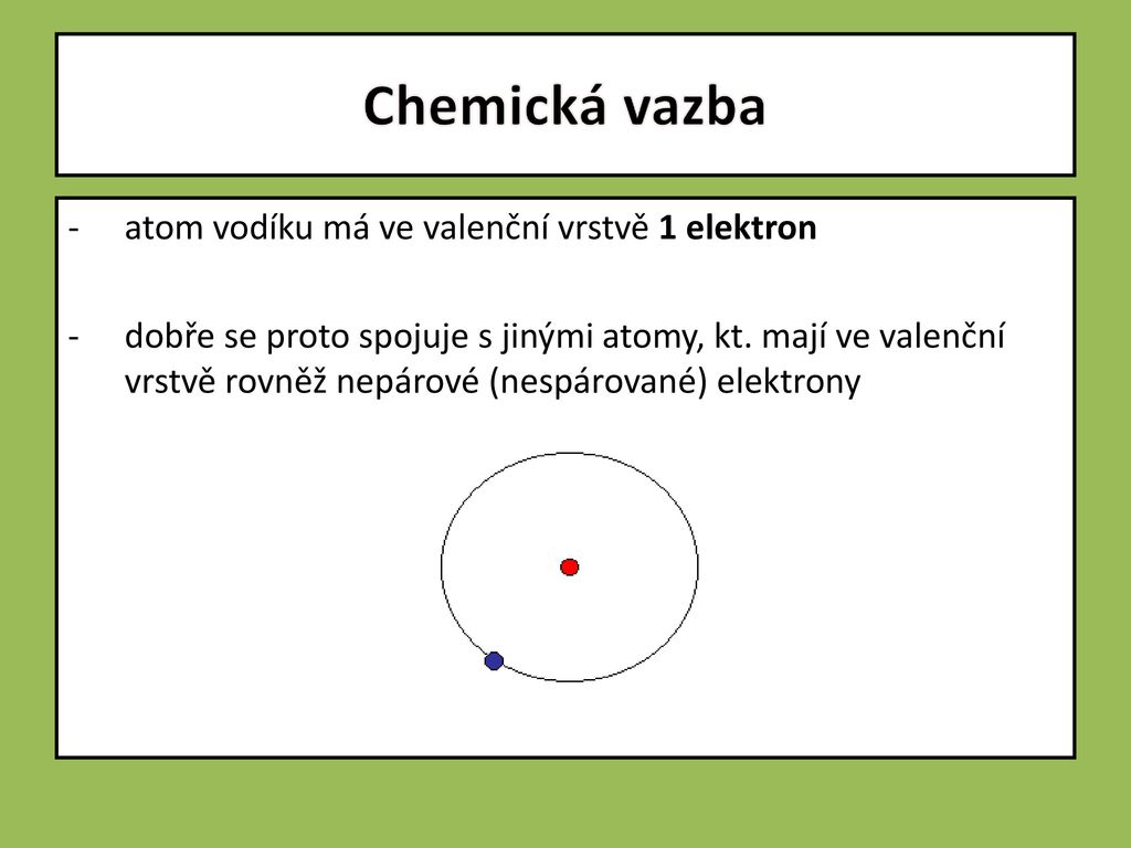 Chemická vazba atom vodíku má ve valenční vrstvě 1 elektron