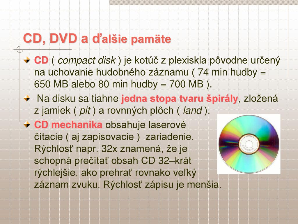 CD, DVD a ďalšie pamäte