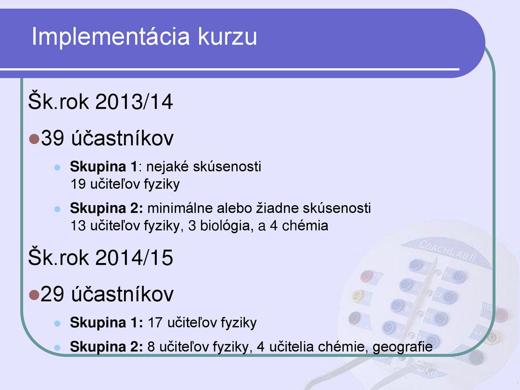 Implementácia kurzu Šk.rok 2013/14 39 účastníkov Šk.rok 2014/15