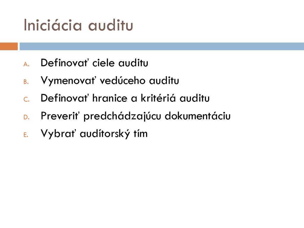 Iniciácia auditu Definovať ciele auditu Vymenovať vedúceho auditu