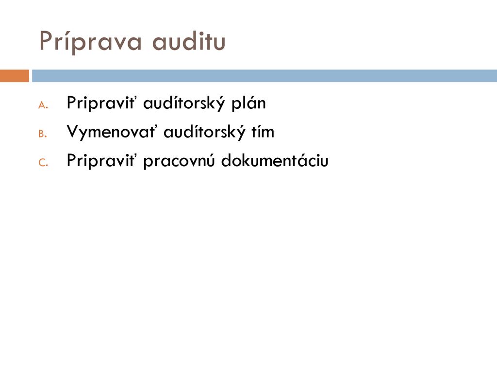 Príprava auditu Pripraviť audítorský plán Vymenovať audítorský tím