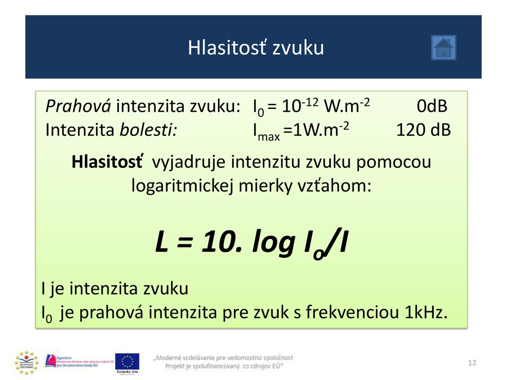 L = 10. log Io/I Hlasitosť zvuku