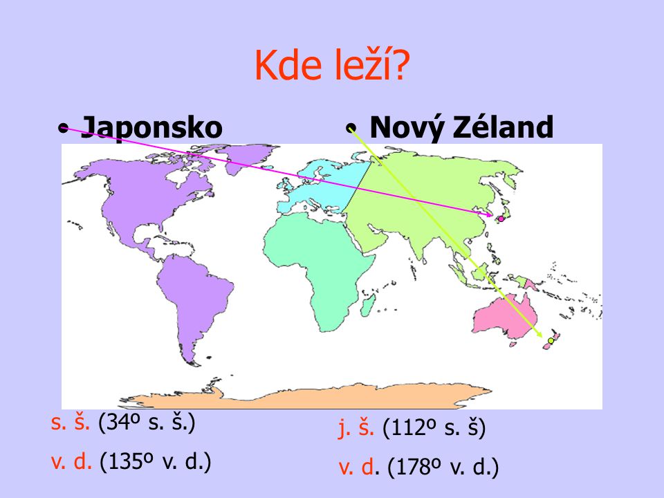 Kde leží Japonsko Nový Zéland s. š. (34º s. š.) j. š. (112º s. š)