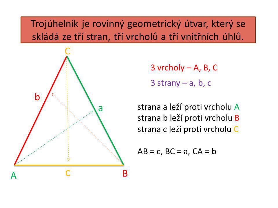 Trojúhelník je rovinný geometrický útvar, který se skládá ze tří stran, tří vrcholů a tří vnitřních úhlů.