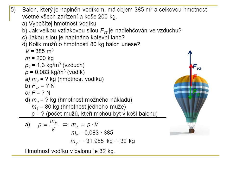 Balon, který je naplněn vodíkem, má objem 385 m3 a celkovou hmotnost včetně všech zařízení a koše 200 kg. a) Vypočítej hmotnost vodíku b) Jak velkou vztlakovou silou Fvz je nadlehčován ve vzduchu c) Jakou silou je napínáno kotevní lano d) Kolik mužů o hmotnosti 80 kg balon unese
