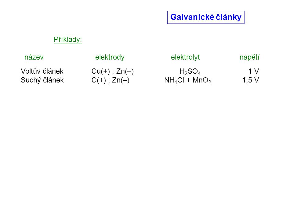 Galvanické články Příklady: název elektrody elektrolyt napětí
