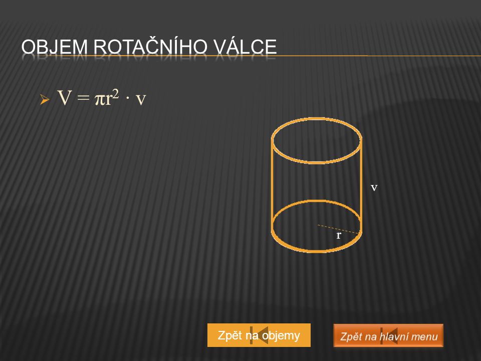 V = πr2 ∙ v Objem rotačního válce v r Zpět na objemy