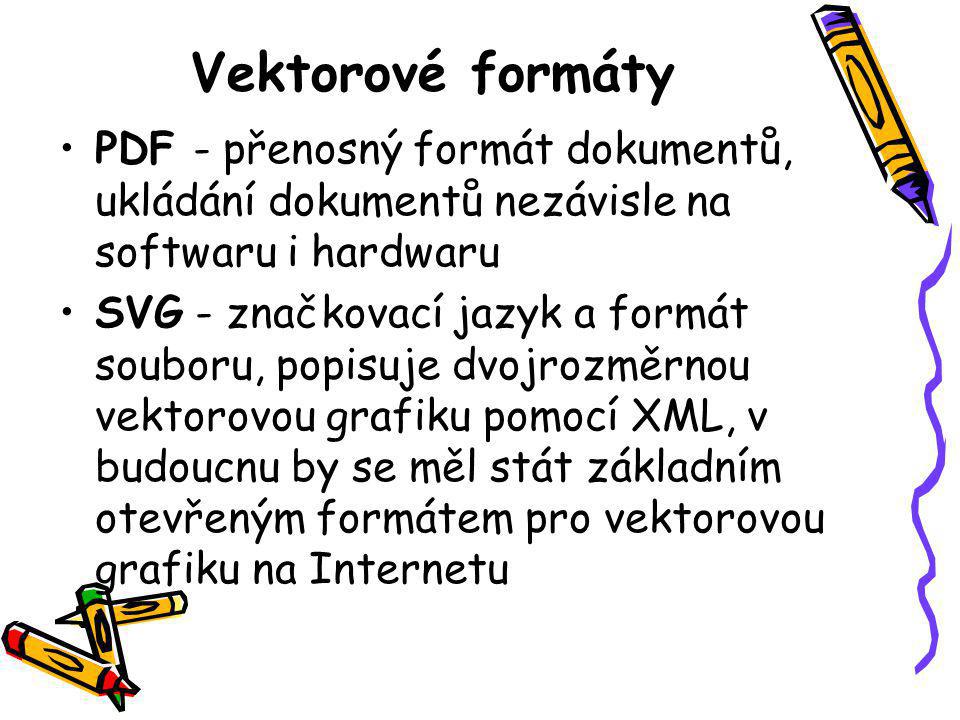 Vektorové formáty PDF - přenosný formát dokumentů, ukládání dokumentů nezávisle na softwaru i hardwaru.