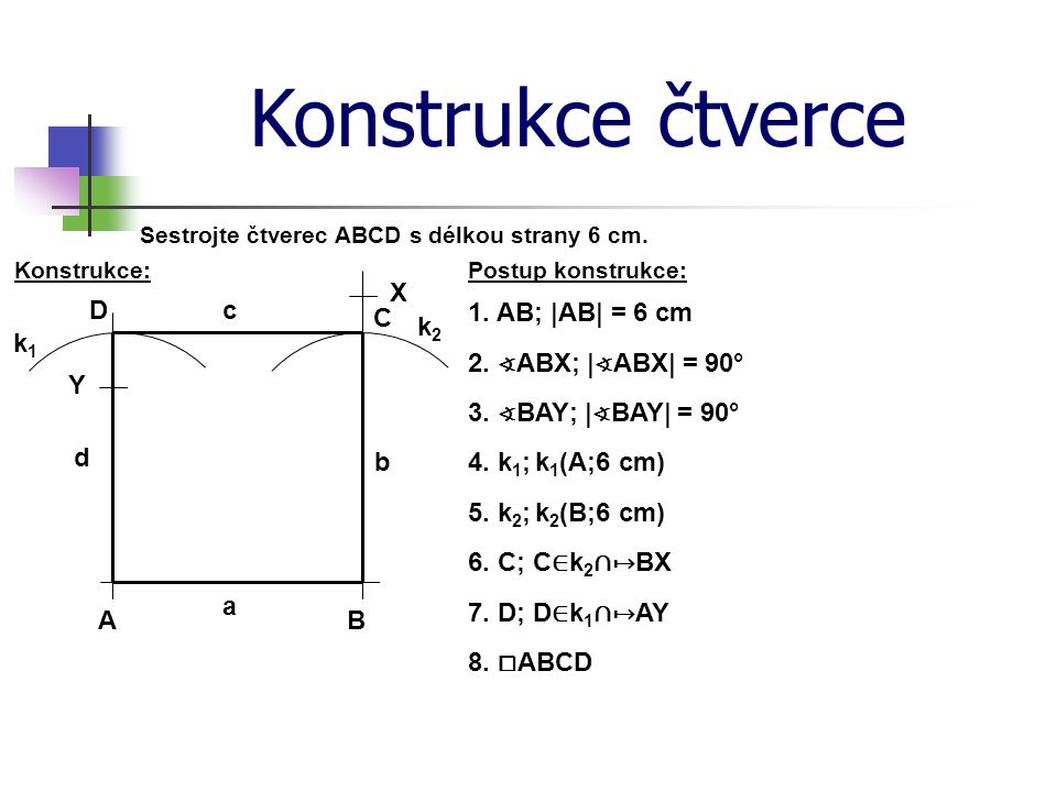 Konstrukce čtverce X D c C 1. AB; |AB| = 6 cm k2 k1