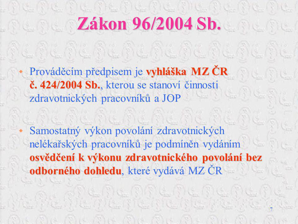 Zákon 96/2004 Sb. Prováděcím předpisem je vyhláška MZ ČR č. 424/2004 Sb., kterou se stanoví činnosti zdravotnických pracovníků a JOP.